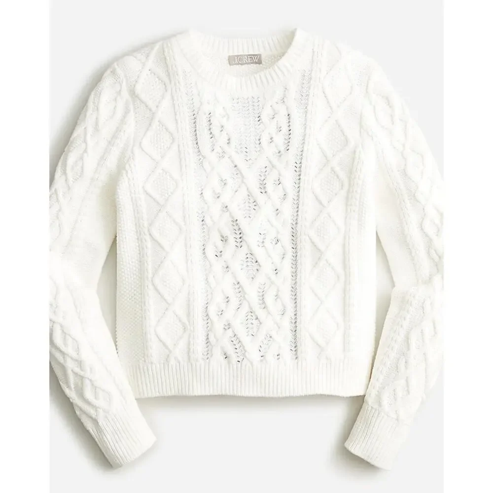 J. Crew White Cable-Knit Crewneck Sweater
